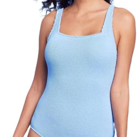 Kona Sol Pucker Textured Square Neck One Piece Swimsuit Blue S, M, L, XL - Picture 1 of 12